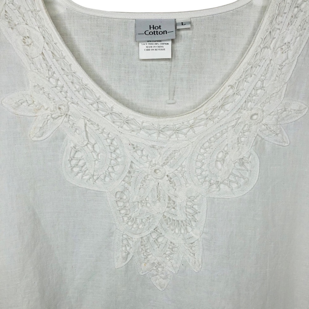 NEW Hot Cotton Linen Top Size Large White Crochet Lagenlook 3/4 Sleeves - Picture 3 of 7